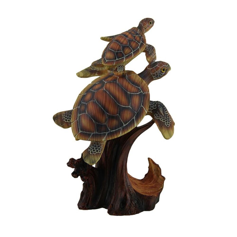 Two Swimming Sea Turtles Decorative Faux Carved Wood Look Statue
